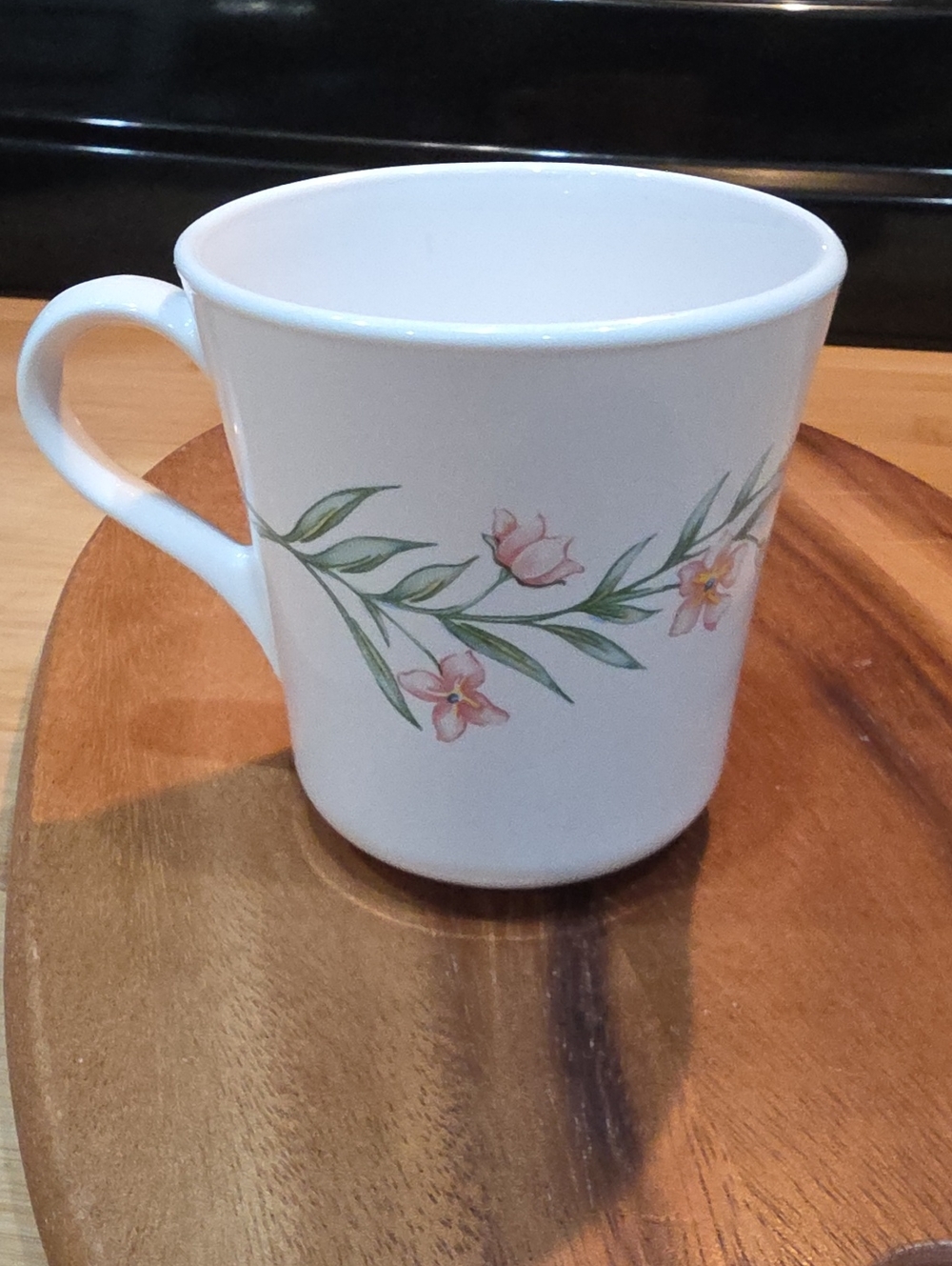 Corningware White Mug with Pink Floral and Green Leaf Accent